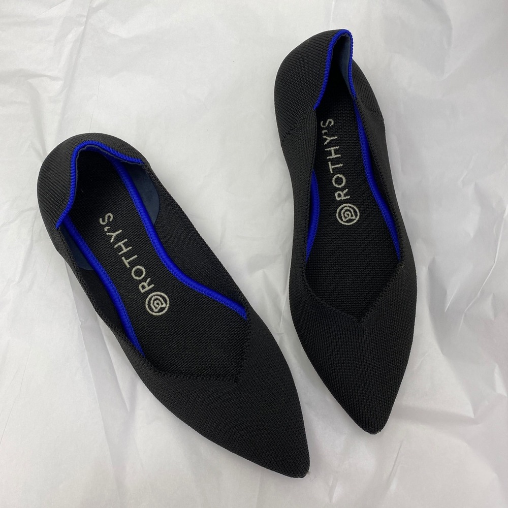 Rothys The Point Black Solid Flats Women Size 8.5 Blue Halo Trim Sustainable